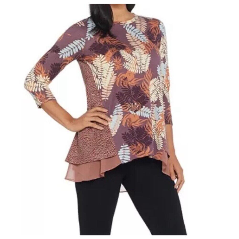 Logo By Lori Goldstein Mixed Print Knit Top Size Large Chiffon Hem Tunic Brown